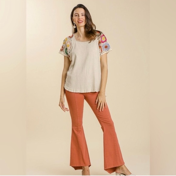 UMGEE Frayed Hem Linen Blend Colorful Crochet Sleeve Boho Tunic Top Size Small - Picture 2 of 14